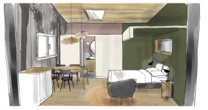 un dibujo de un dormitorio con una cama y una mesa en LA PLANETTE en Aussonne