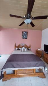 a bedroom with a bed with a ceiling fan at Tocumen Sweet Home in Cabuya