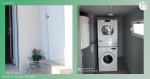 two pictures of a laundry room with a washing machine at Oporto House Garden in Porto