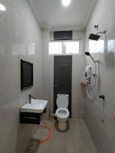 馬六甲的住宿－RoofTop Villa，浴室配有卫生间、盥洗盆和淋浴。