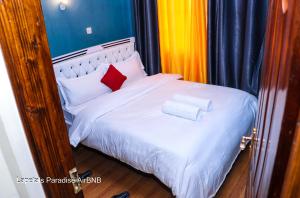 um quarto com uma cama branca e 2 almofadas em Lapetals-Paradise-3bedrooms-ABNB machakos town em Masaku