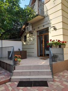 eine Treppe, die zu einem Haus mit Blumentöpfen führt in der Unterkunft Pannónia Rooms and Apartments in Satu Mare