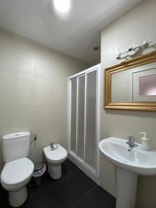 W łazience znajduje się toaleta, umywalka i lustro. w obiekcie Apartamentos Ceo ciudad w mieście Ronda