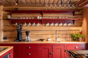 cocina con paredes de madera y encimera roja en Valseter, en Sør-Fron