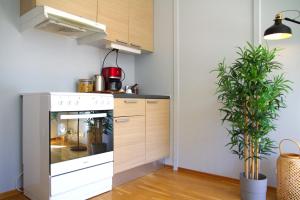 La cocina está equipada con fogones y horno. en Moon apartment near the Centre ! Free parking available ! en Trondheim