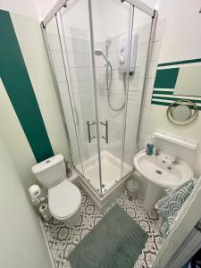 uma casa de banho com um chuveiro, um WC e um lavatório. em Emerald Apartment Pleasure Beach Blackpool em Blackpool