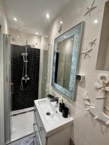 La salle de bains blanche est pourvue d'un lavabo et d'une douche. dans l'établissement DeyInn Guest House Centrum, à Turda