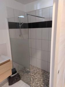 a shower with a glass door in a bathroom at Citronnelles in Case-Pilote
