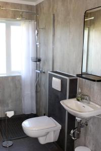 bagno con lavandino, servizi igienici e specchio di Grímsstaðir holiday home - Family friendly a Reykholt