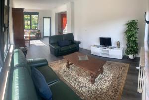 a living room with a green couch and a coffee table at Casa dos Arcos in Oliveira de Frades