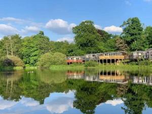 a view of a lake with trees in the background at Cosy Chalet for Snowdonia in Caernarfon