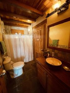 a bathroom with a toilet and a sink and a mirror at Urbanos Hostel in Santa Catalina