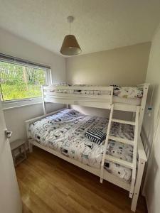 a bedroom with two bunk beds and a window at Cosy Chalet for Snowdonia in Caernarfon