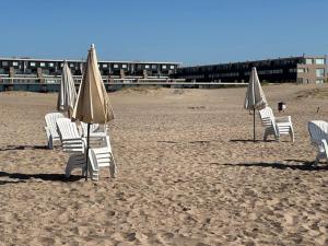 a group of chairs and umbrellas on a beach at LINDABAYPLAYA STUDIO in Mar de las Pampas