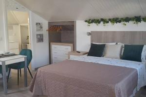 1 dormitorio con cama, mesa y escritorio en SantoSerenus, en Ponta do Sol