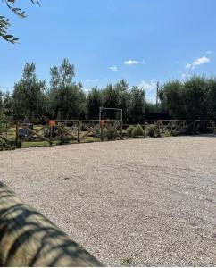 a soccer field with a fence and trees in the background at Pensione degli Ulivi in Porto SantʼElpidio