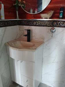 um lavatório de casa de banho com uma torneira e um espelho em Cabaña los abuelos em Duggan