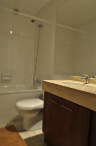 a bathroom with a toilet and a sink and a tub at Apart Hotel Agustinas Plaza in Santiago