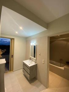 ein Badezimmer mit einem Waschbecken, einem Spiegel und einer Badewanne in der Unterkunft Villa Aspa in Nafplio