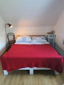 1 dormitorio con 1 cama roja grande y 2 almohadas en Penzión Eva, en Stará Voda
