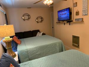 a living room with a bed and a tv at Michaels -Beachside Bungalows in St. Pete Beach