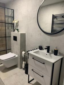 a bathroom with a sink and a mirror and a toilet at Apartament Łeba Nowęcin in Nowęcin +26 photos
