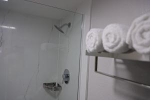 a glass door with towels on a shelf in a bathroom at Airport Inn in Nederland
