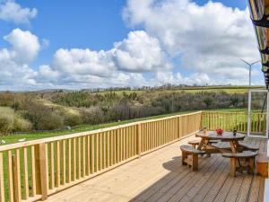 a wooden deck with a table and a picnic table at Brook Lodge in Liskeard