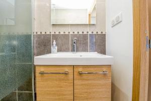 uma casa de banho com um lavatório e um chuveiro em Cocon chaleureux, 2 chambres, wifi avec fibre em Grenoble