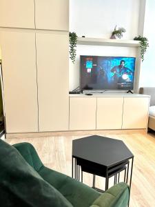 een woonkamer met een bank en een tv bij Heart of Grand Place Beautiful Studio in Brussel