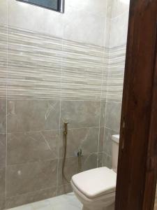 a bathroom with a toilet and a tiled wall at Souf house in Jerash