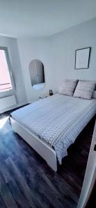 ein Schlafzimmer mit einem großen Bett in einem Zimmer in der Unterkunft La Terra-cotta - 1 à 4 personnes in Lieusaint