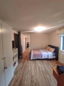 1 dormitorio con 1 cama y suelo de madera en Joli appartement individuel dans maison, en Ostwald