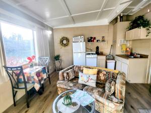 un salon avec un canapé et une table dans l'établissement #03 - Fantastic Lakeside Studio Cottage- Pet Friendly, à Hot Springs