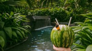a person holding a watermelon with a bird on it at Tabacón Thermal Resort & Spa in Fortuna