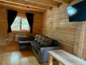 Family Resort في Mostiska: غرفة معيشة مع أريكة في غرفة خشبية