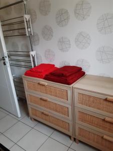 a kitchen with a counter with red towels on it at Les vignobles du Bordelais in Montussan