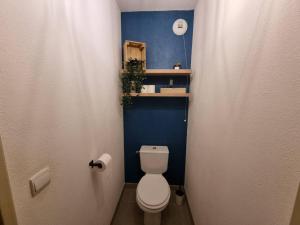une petite salle de bain avec toilettes et un mur bleu dans l'établissement L'Appartement Ensoleillé, WIFI-Clim-Gare-Terrasse, à Narbonne