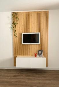 a living room with a television on a wall at Studio Via Romana Vaison La Romaine in Vaison-la-Romaine