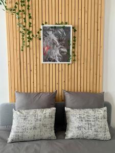 a couch with two pillows in front of a wooden wall at Studio Via Romana Vaison La Romaine in Vaison-la-Romaine