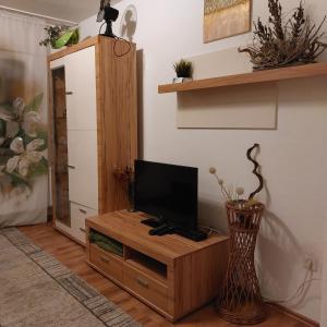 a living room with a flat screen tv on a wooden entertainment center at Wohnung Mona in Herford