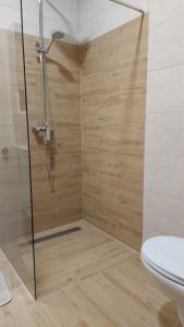 a shower with a glass door in a bathroom at Apartman Centar Kozarska Dubica in Bosanska Dubica