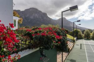 a balcony with red flowers and a tennis court at Chez Botanica Apartment Constantia in Cape Town