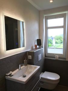 a bathroom with a sink and a toilet and a window at Kleine Auszeit in Rosdorf