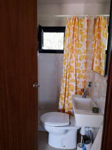 y baño con aseo, lavamanos y cortina de ducha. en Pequeña casa rural en el centro del Delta del Ebro, en Amposta