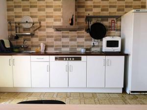 cocina con armarios blancos y microondas blanco en Pequeña casa rural en el centro del Delta del Ebro, en Amposta