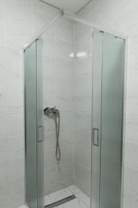 y baño con ducha y puerta de cristal. en Apartman Resident, en Sombor