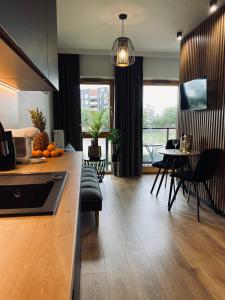 a kitchen and living room with a table and chairs at Motlawa Inn Apartment-Suna,Gym&Parking in Gdańsk