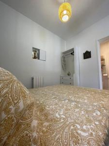 een groot bed in een witte kamer met een sprei bij l'oriental du V.e.l.p.a.u in Tours
