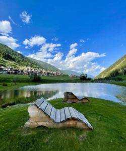 a lake with two logs on the grass next to it at Appartamento Ari in Vermiglio